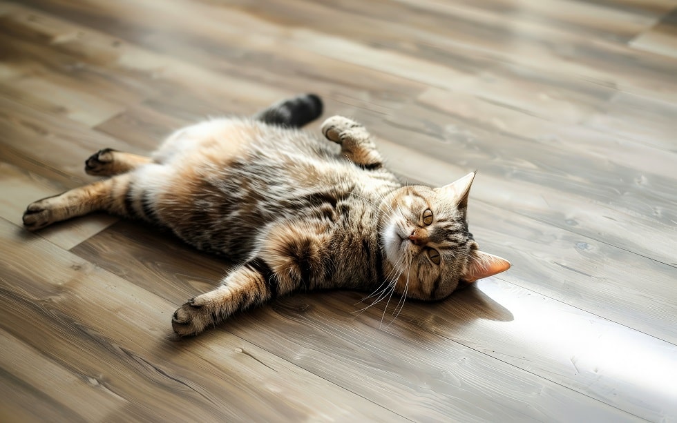 Fat cat lying down on wooden floor