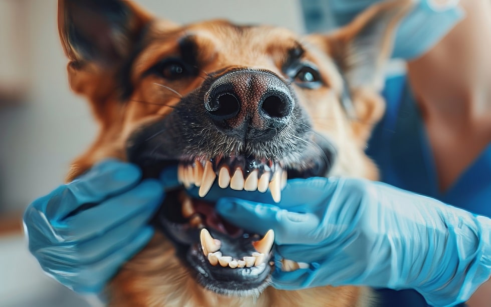 dental check up veterinarian examines dogs teeth